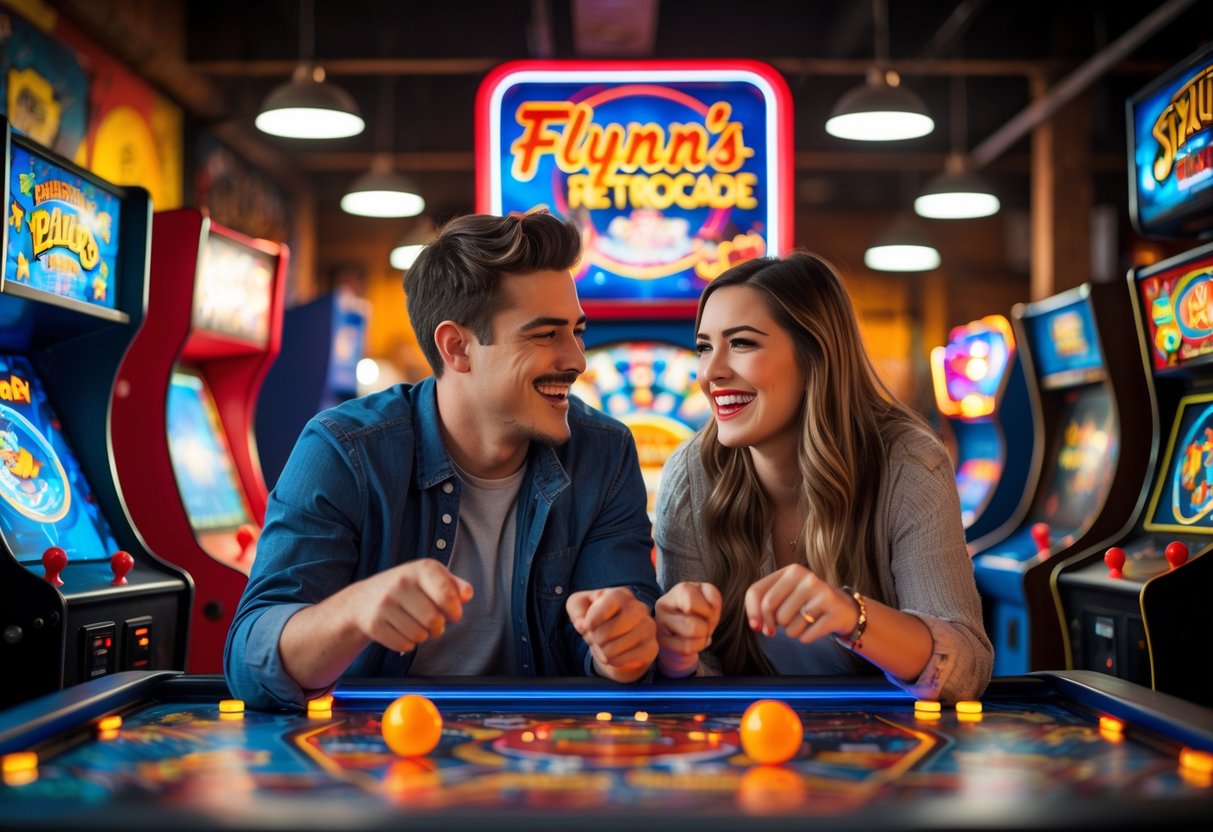 A young couple playing arcade games together inside a lively retro arcade filled with colorful machines and neon lights.