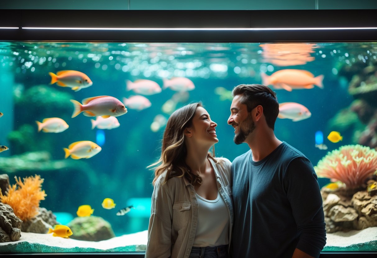 A couple smiling and looking at colorful fish inside a large aquarium at the Loveland Living Planet Aquarium.