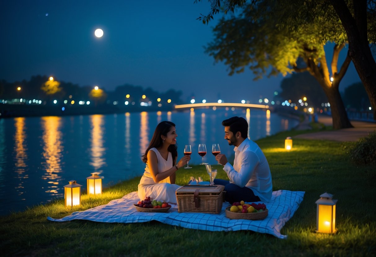 A couple having a picnic by a river at night under the moonlight with trees and city lights in the background.