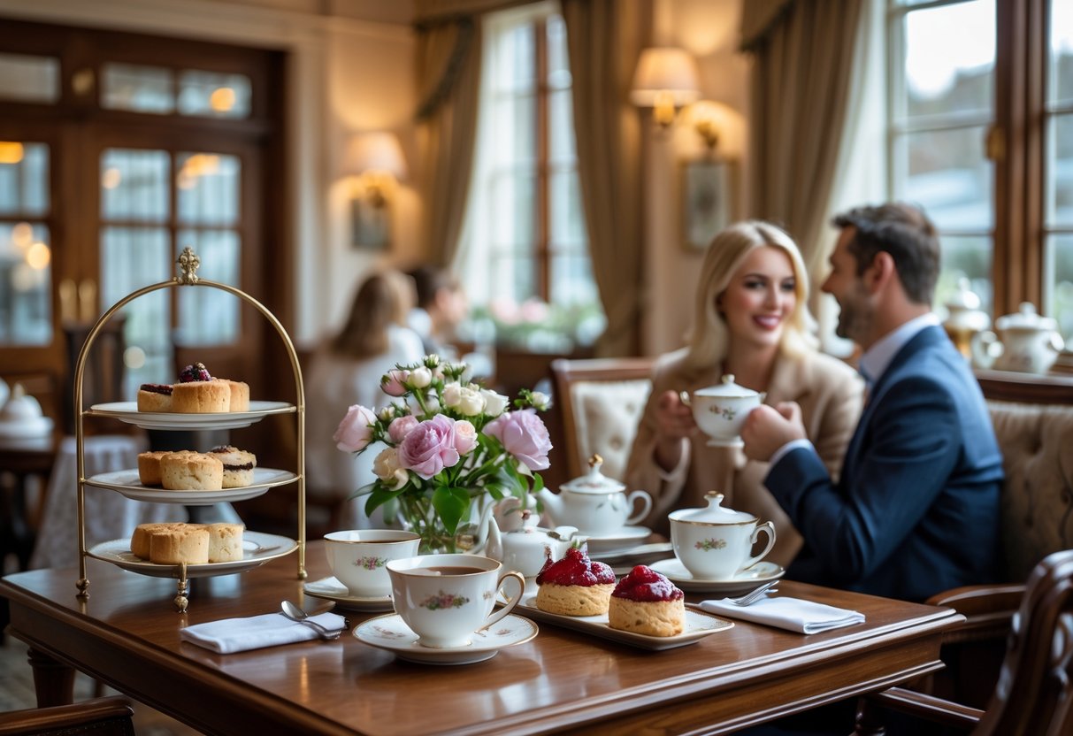 A cozy tea room table set with teacups, pastries, and flowers, with a couple enjoying afternoon tea in the background.