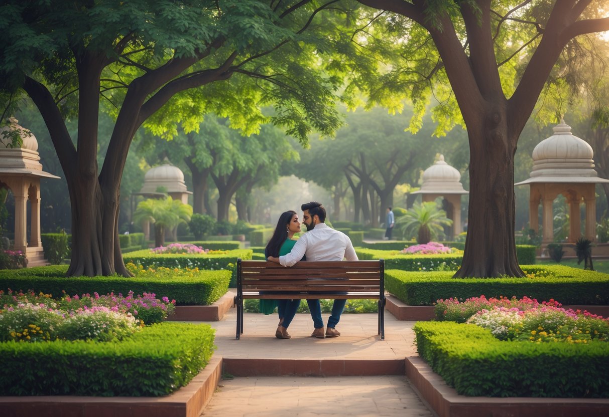 A young couple sitting on a bench surrounded by greenery and flowers in a garden.