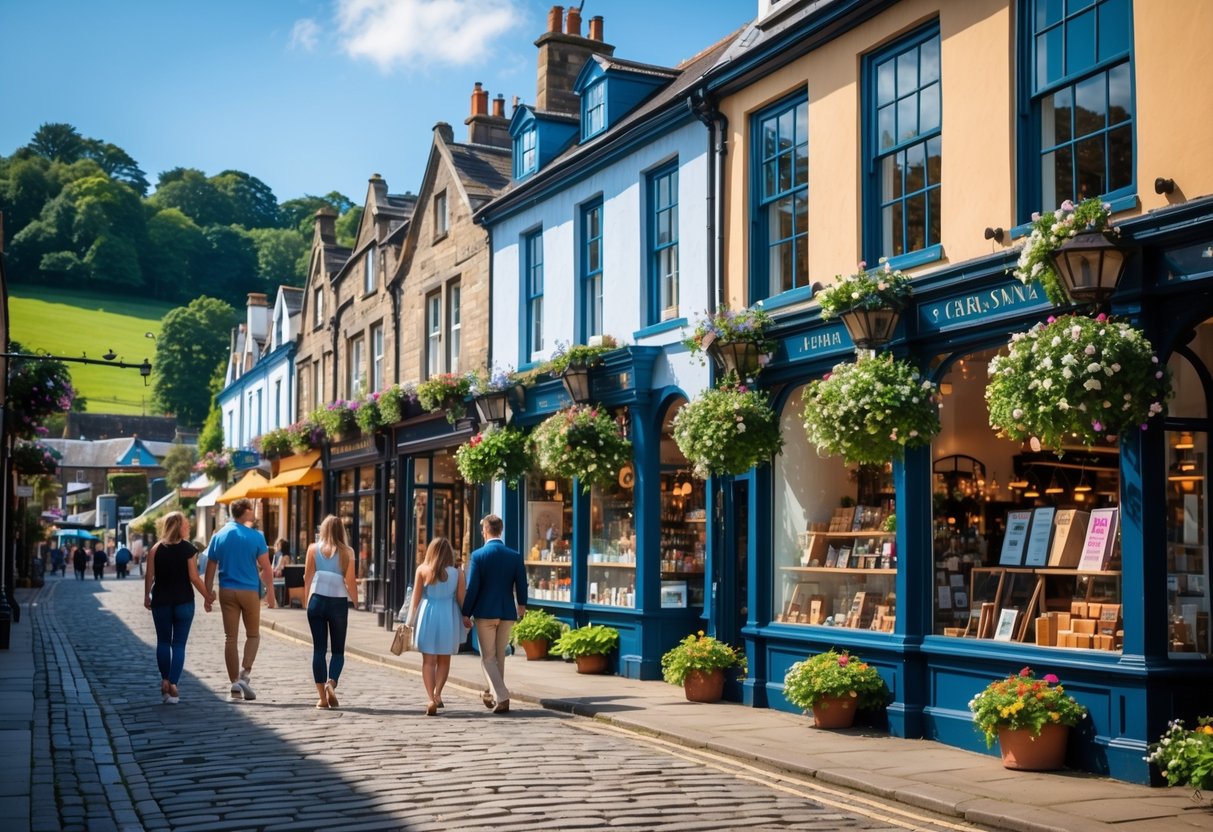 Couples and people walking along a cobblestone street lined with colorful shops and flowers on Montpellier Hill in Harrogate.