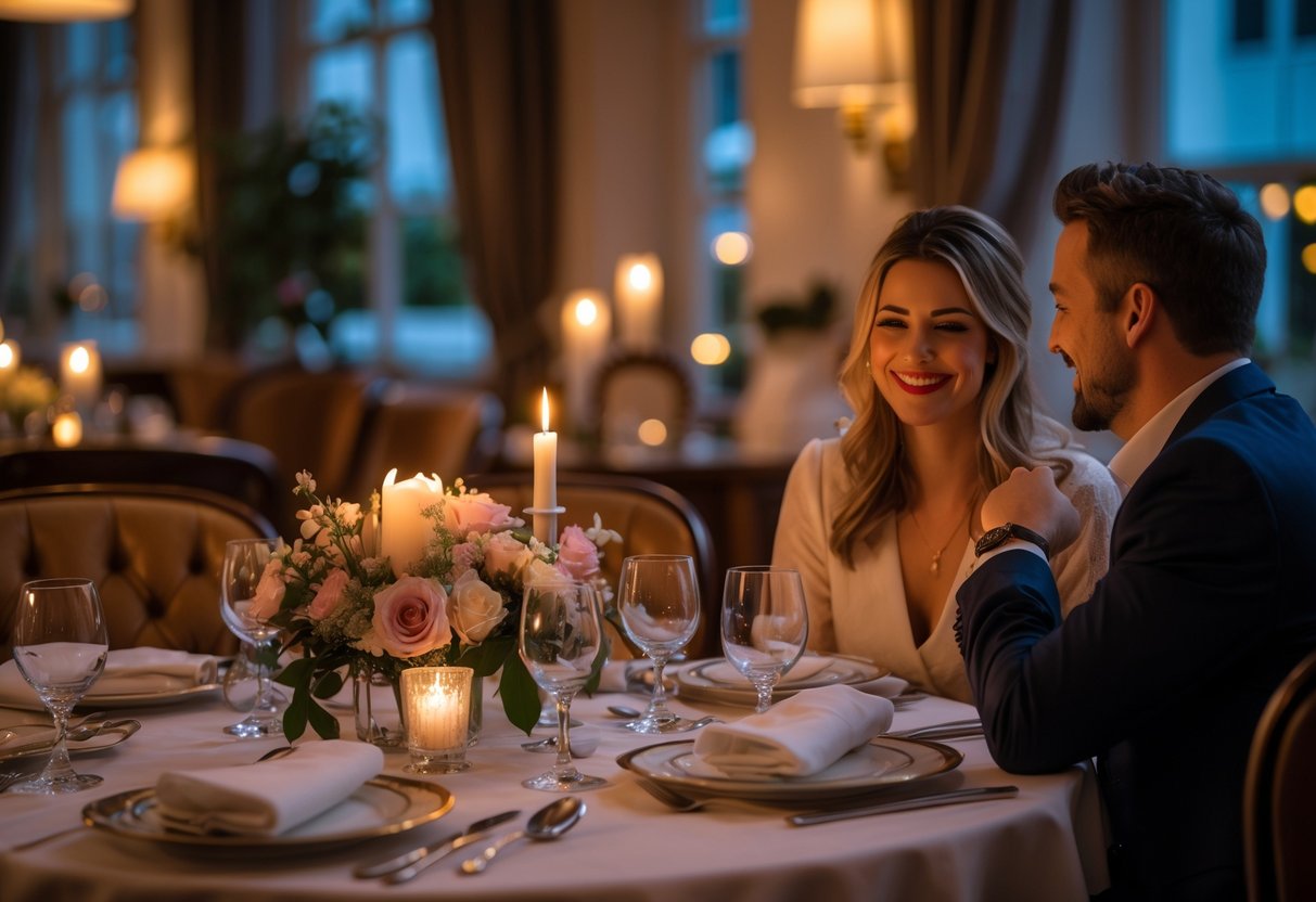 A couple enjoying a romantic dinner at a beautifully set table in an elegant restaurant.