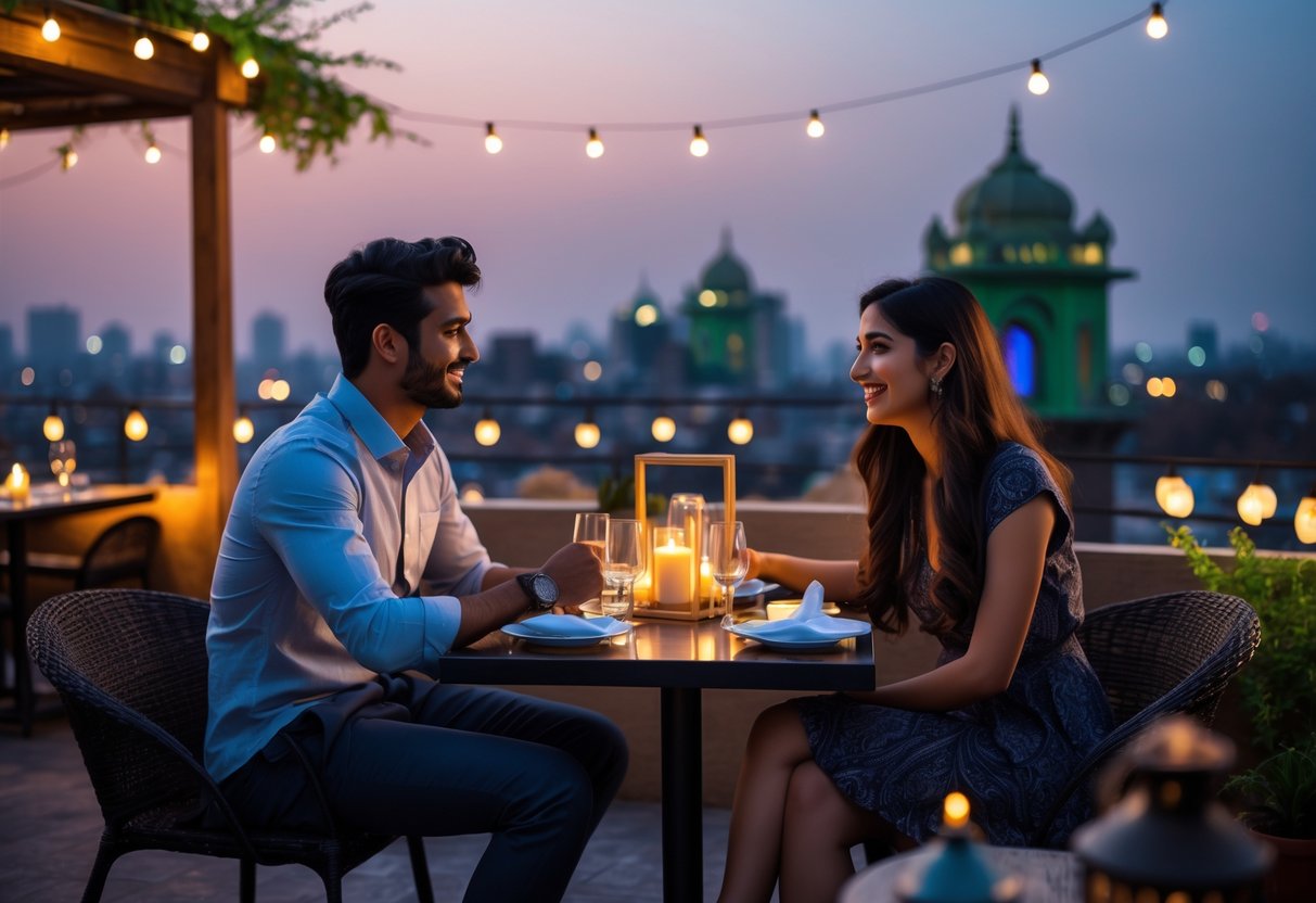 A couple enjoying a romantic dinner at a rooftop cafe overlooking the city at dusk.
