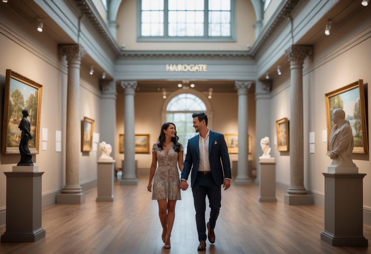 A couple walking hand in hand inside an art gallery, looking at paintings and sculptures together.