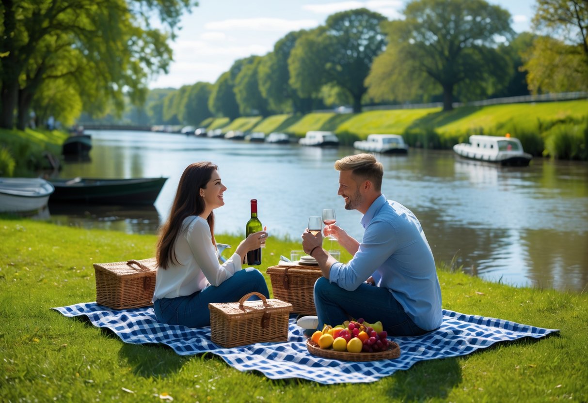 A couple having a picnic near boats on a river at Lee Valley Boat Centre surrounded by green trees and blue sky.
