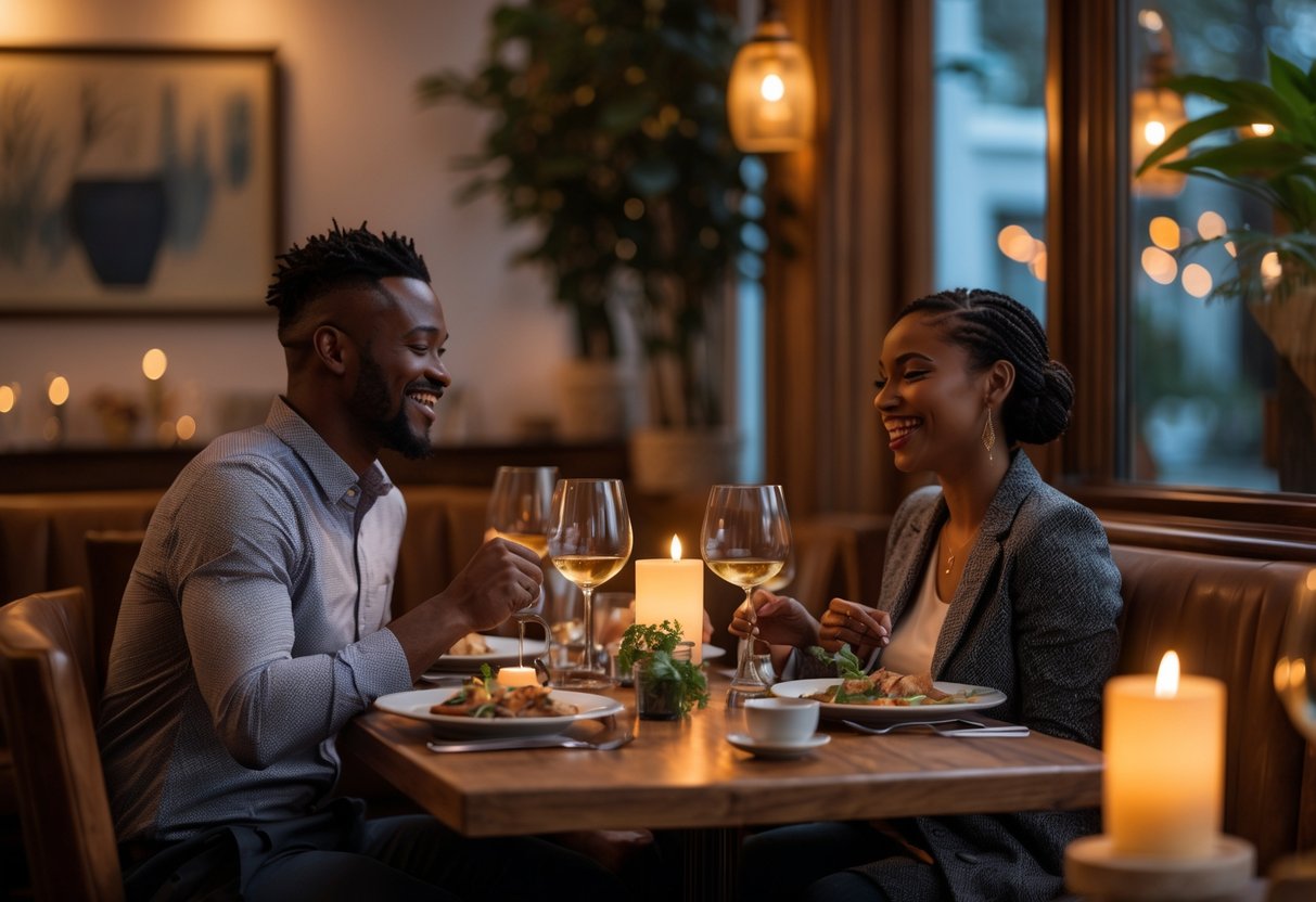 A couple enjoying a cozy dinner together at a warmly lit restaurant table with candles and wine glasses.