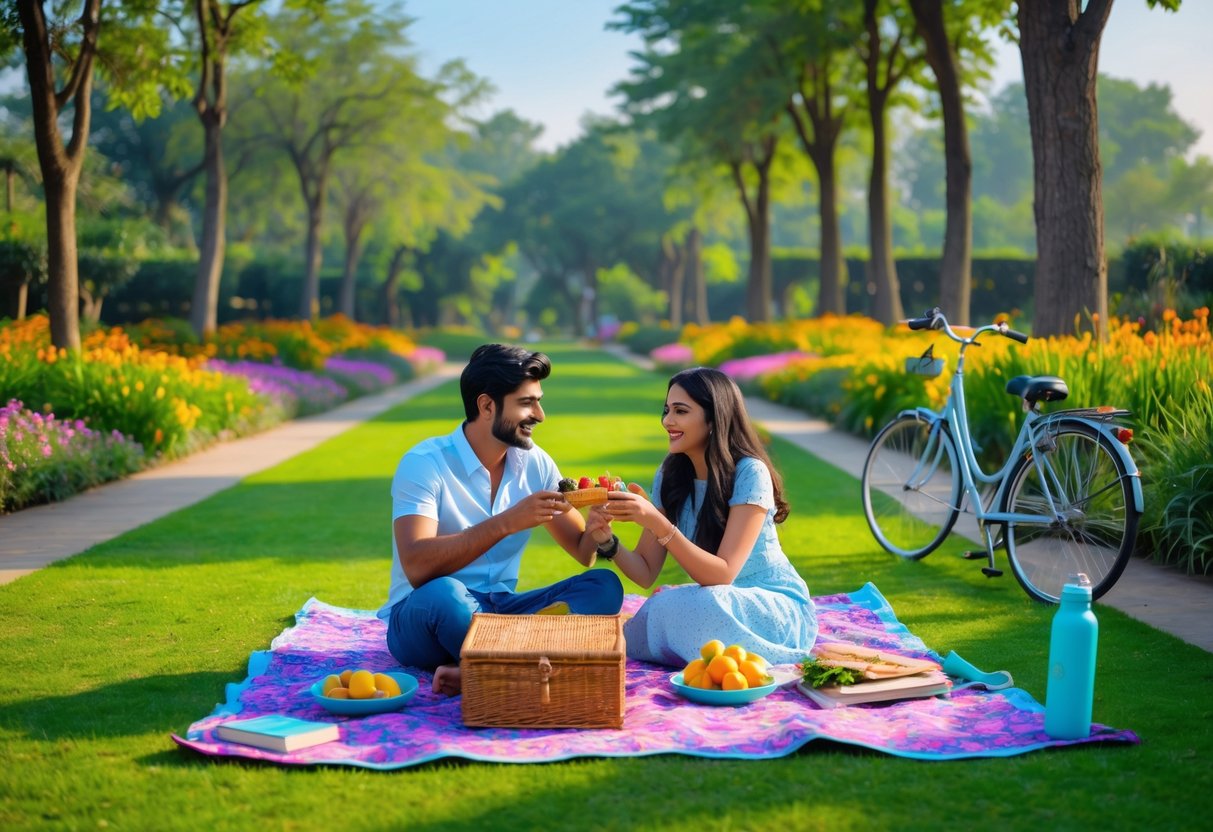 A young couple having a picnic on a blanket in a green garden with trees and flowers around them.