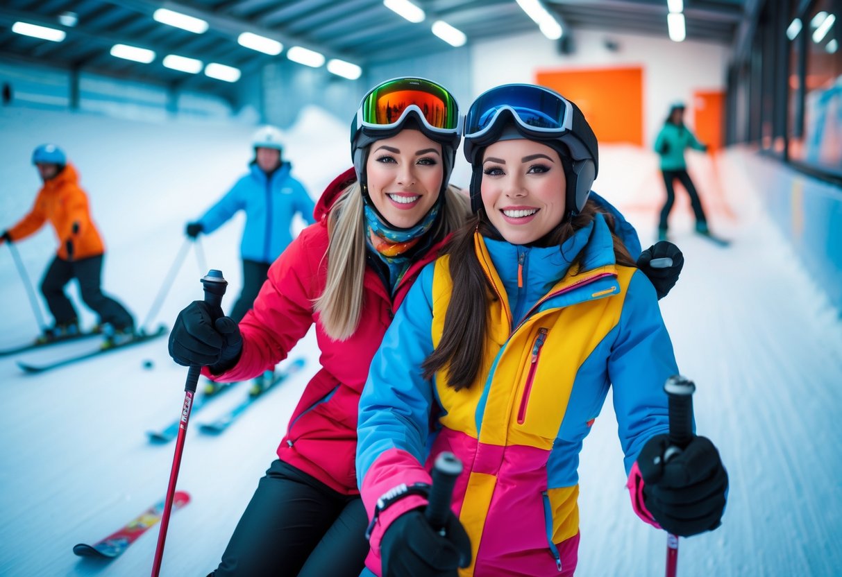 A young couple skiing together indoors on artificial snow at The Snow Centre, with other skiers in the background.