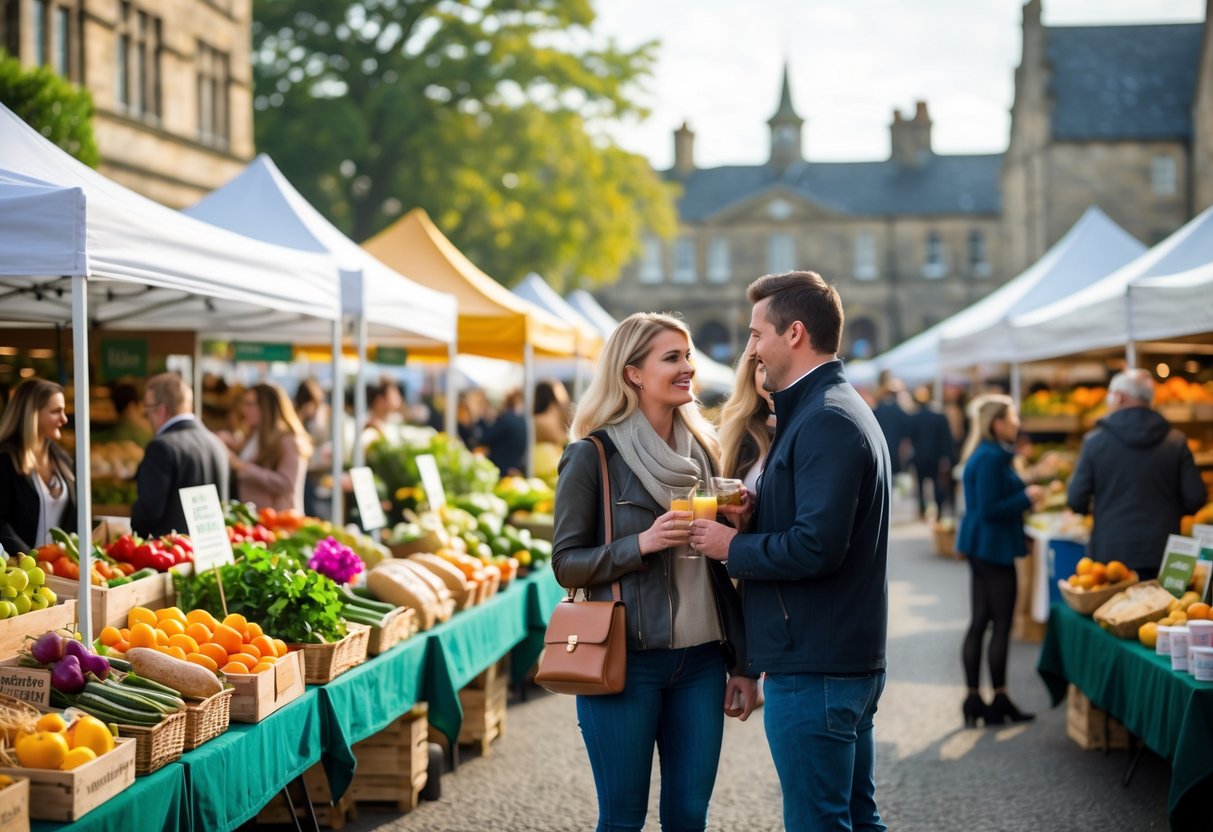 Couples and people browsing colorful stalls with fresh produce at an outdoor farmers market in a town square.