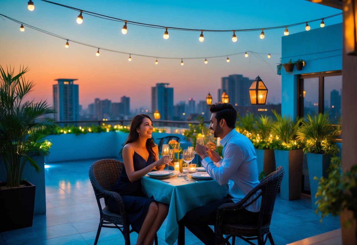 A couple enjoying dinner at a rooftop restaurant with city buildings and sunset in the background.