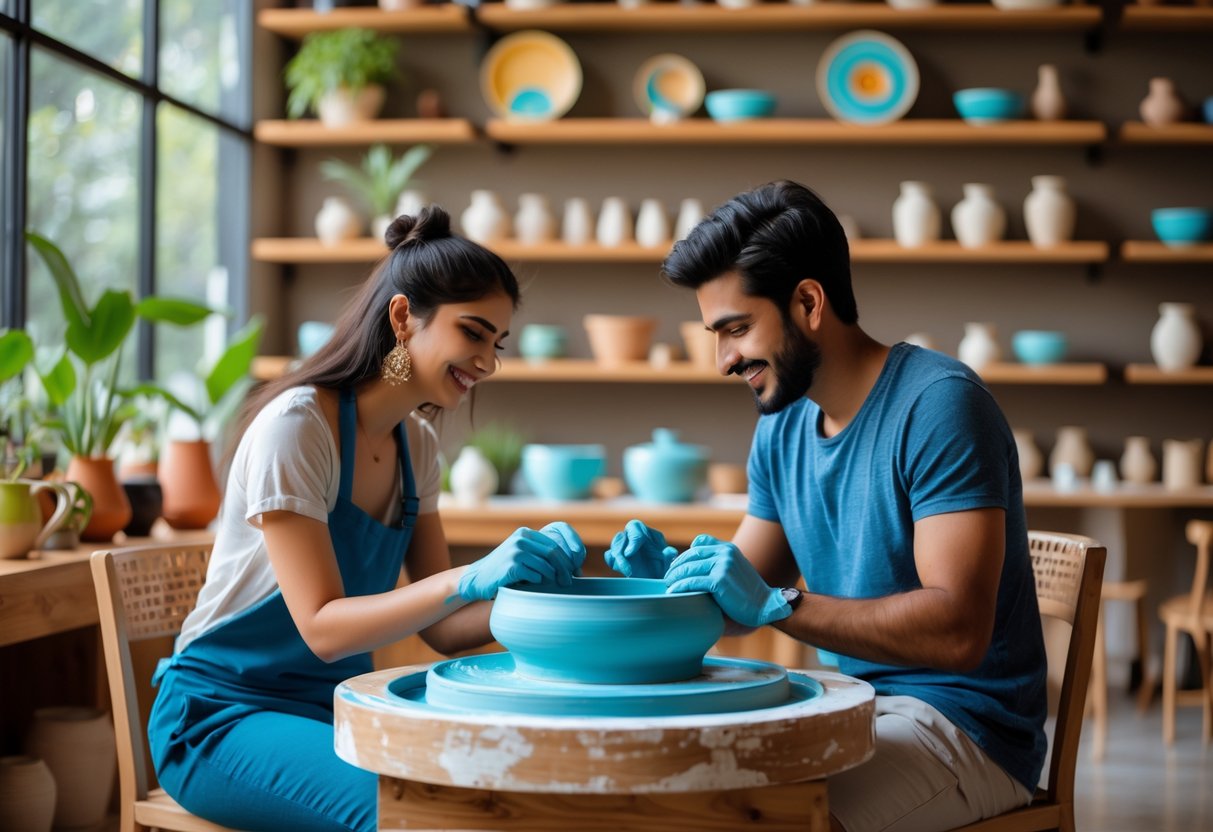 A young couple shaping clay together on pottery wheels in an art studio.