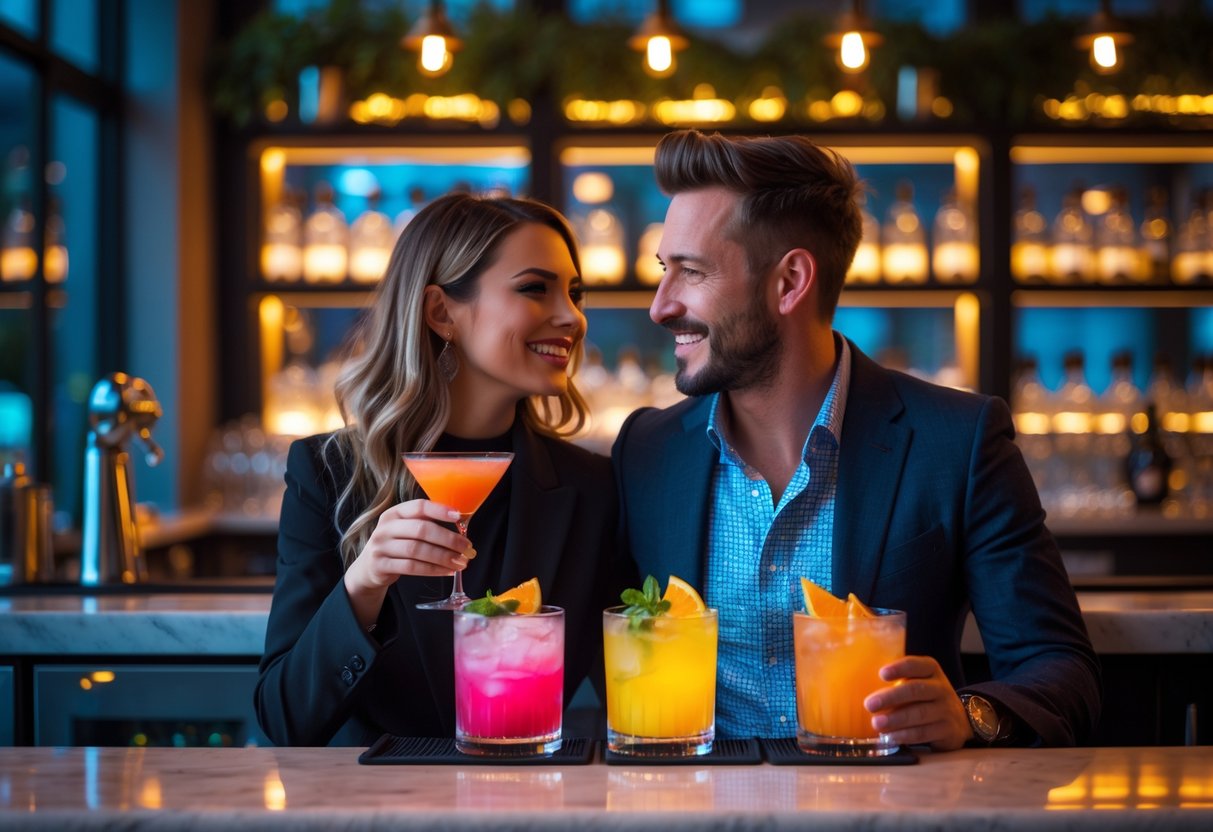 A couple enjoying cocktails together at a stylish bar in the evening.