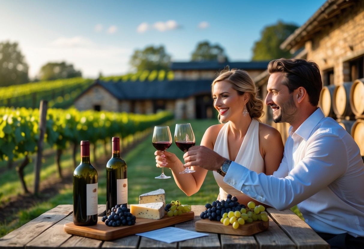 A couple enjoying wine tasting at a vineyard with wine glasses, cheese board, and grapevines in the background.