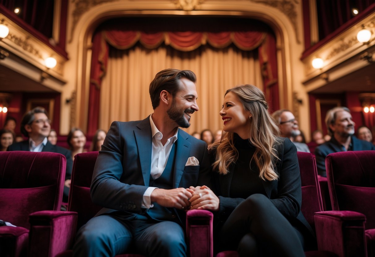 A couple sitting together in a theater enjoying a live performance.
