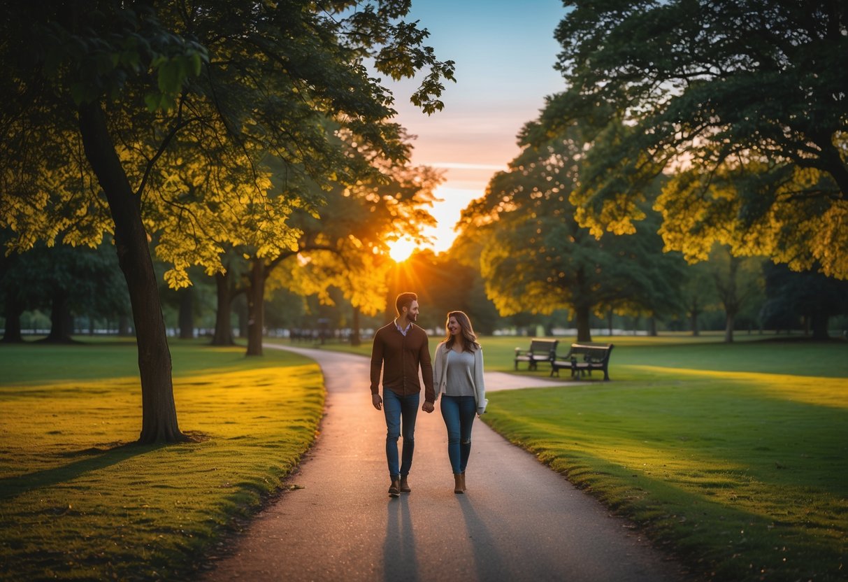 A couple walking hand in hand along a tree-lined path in Cassiobury Park during sunset.