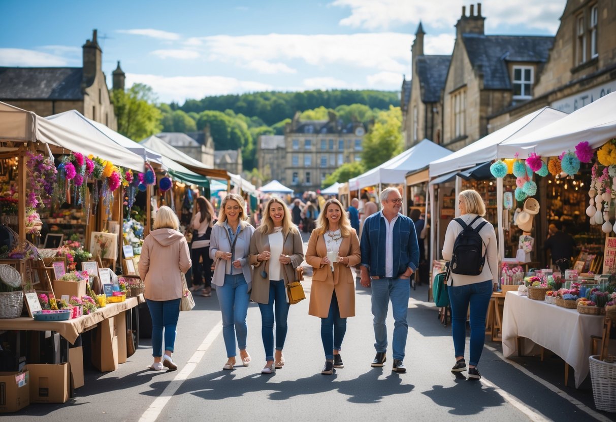 Couples and people browsing outdoor craft market stalls in a sunny town square with historic buildings and greenery.