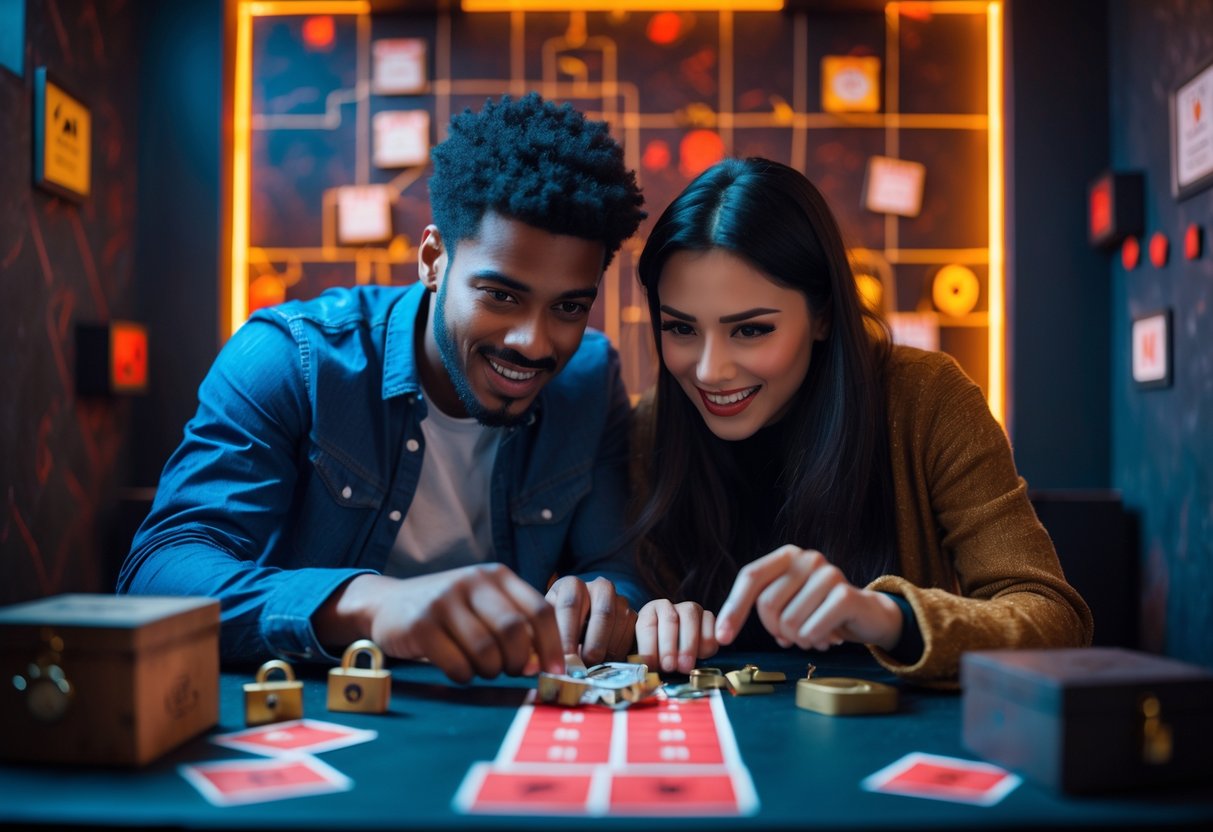 A young couple working together on a puzzle in an escape room filled with locks and clues.