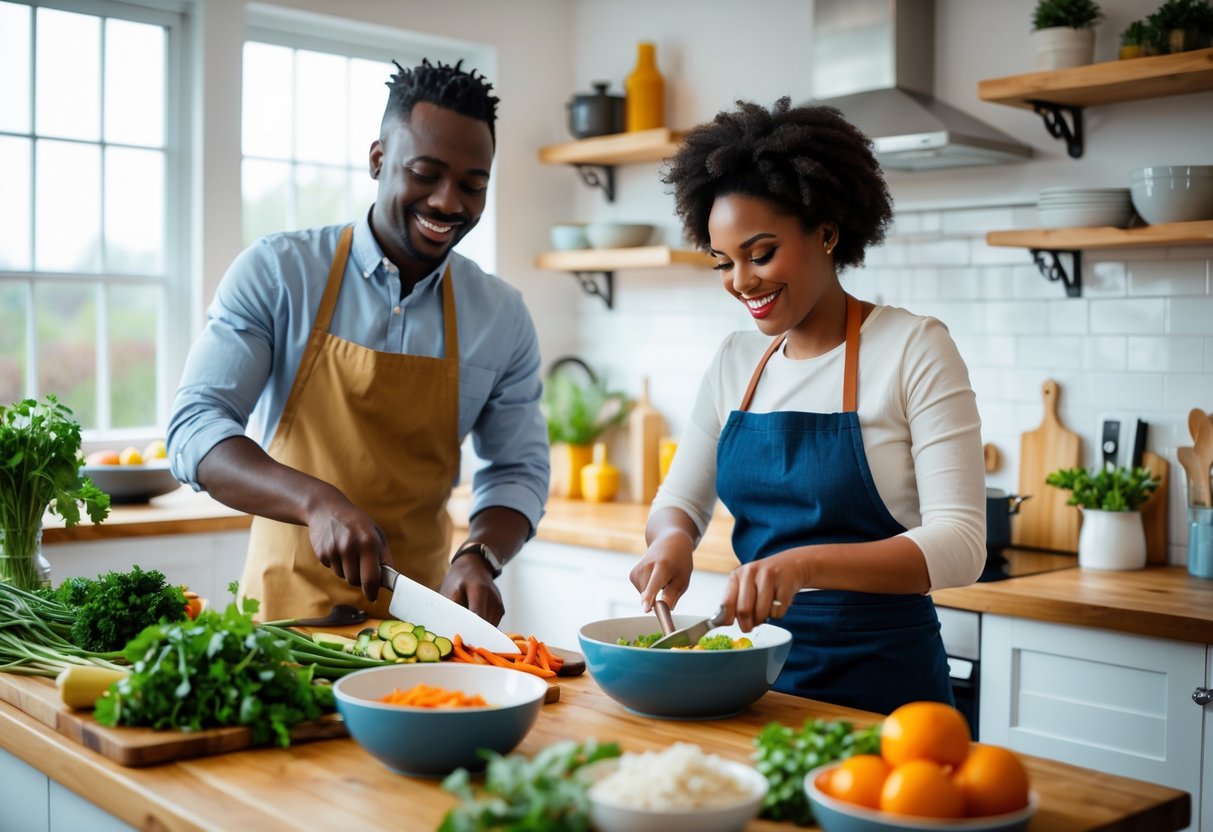 A couple cooking together in a bright kitchen, chopping vegetables and smiling.