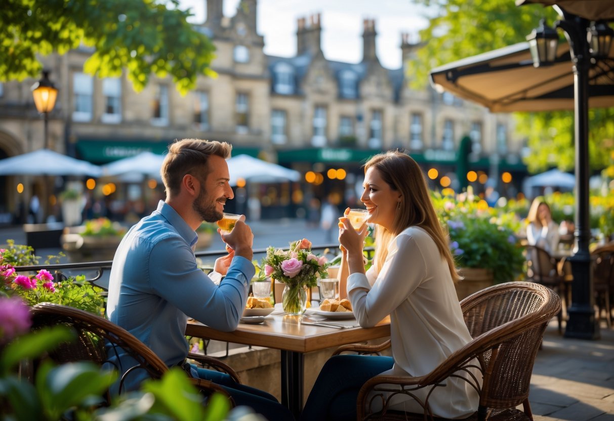 A couple enjoying a meal together at an outdoor café terrace surrounded by greenery and flowers with historic buildings in the background.
