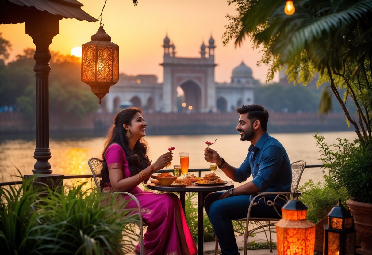 A young couple enjoying a romantic outdoor date near a riverfront in Ahmedabad during sunset.