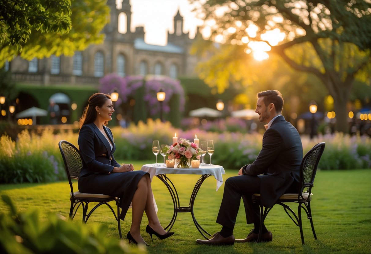 A couple enjoying a romantic outdoor dinner in a garden setting with trees and flowers in the background.