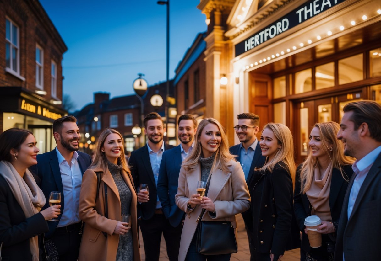 Couples and friends gathered outside Hertford Theatre in the evening, smiling and enjoying the atmosphere before a show.