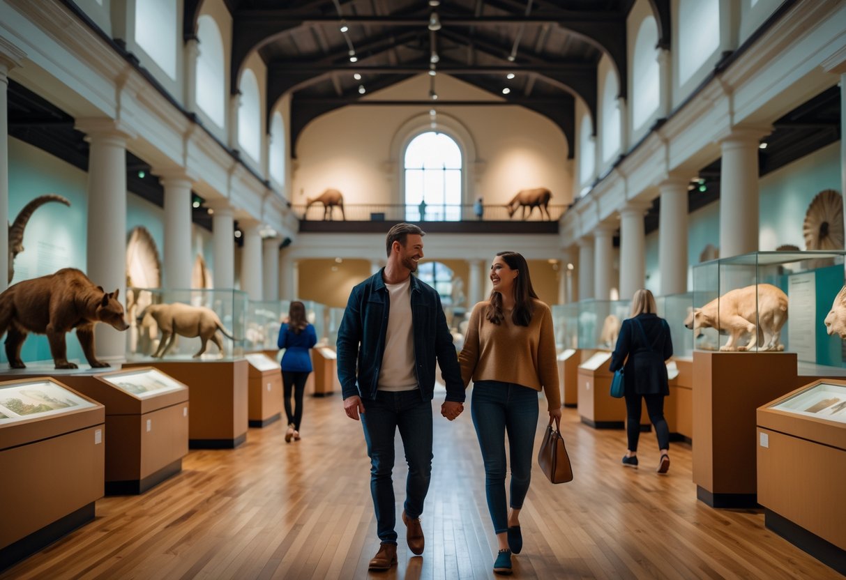 A couple walking hand in hand inside a natural history museum gallery with animal exhibits and fossils.