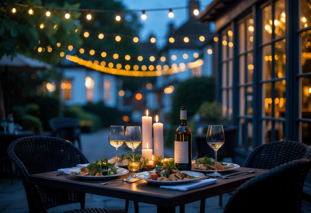 A couple enjoying a romantic dinner with wine at an outdoor table on a patio in Harpenden, surrounded by soft lighting and greenery.