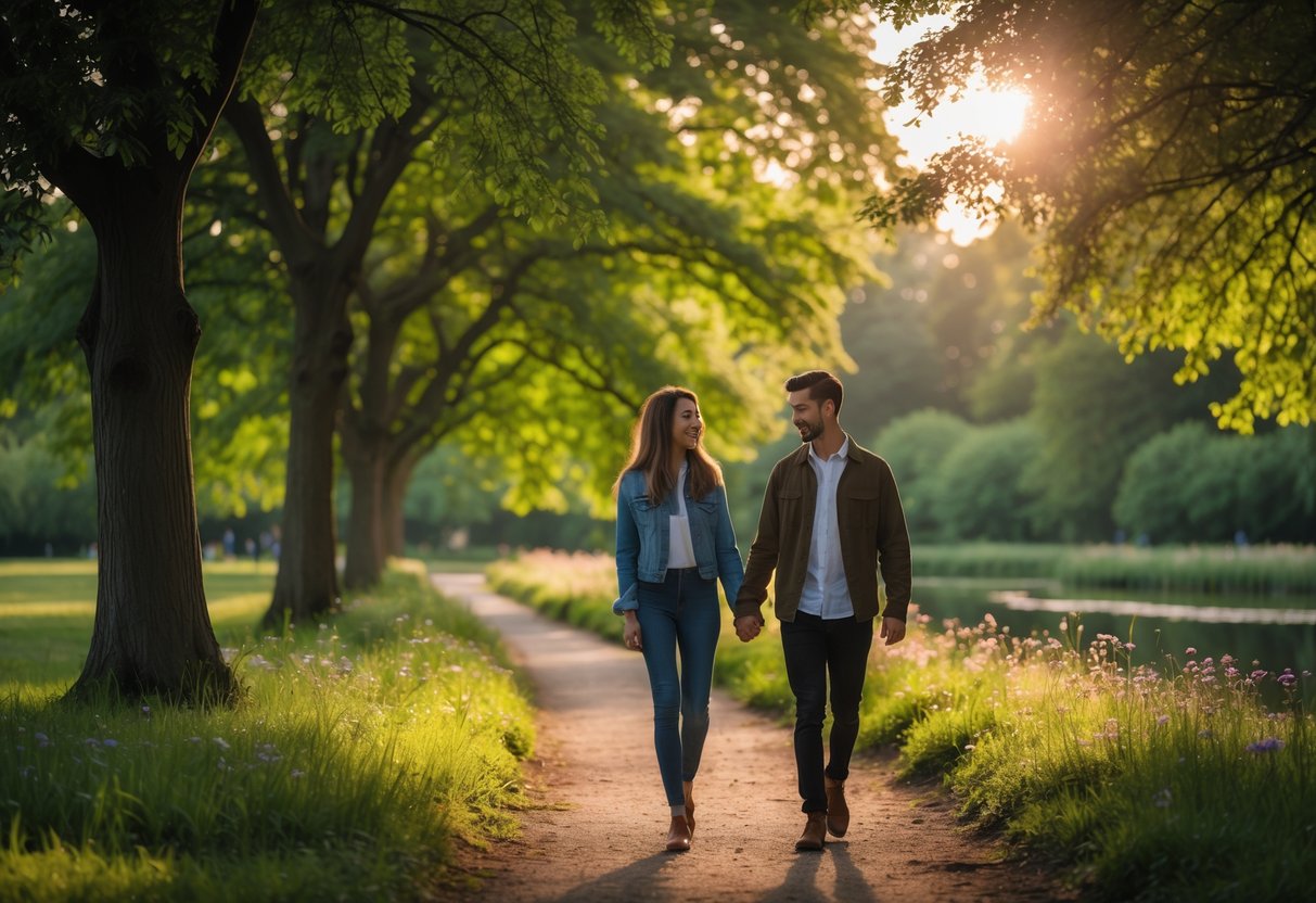 A young couple walking hand-in-hand along a tree-lined path in a green park with sunlight filtering through the leaves.