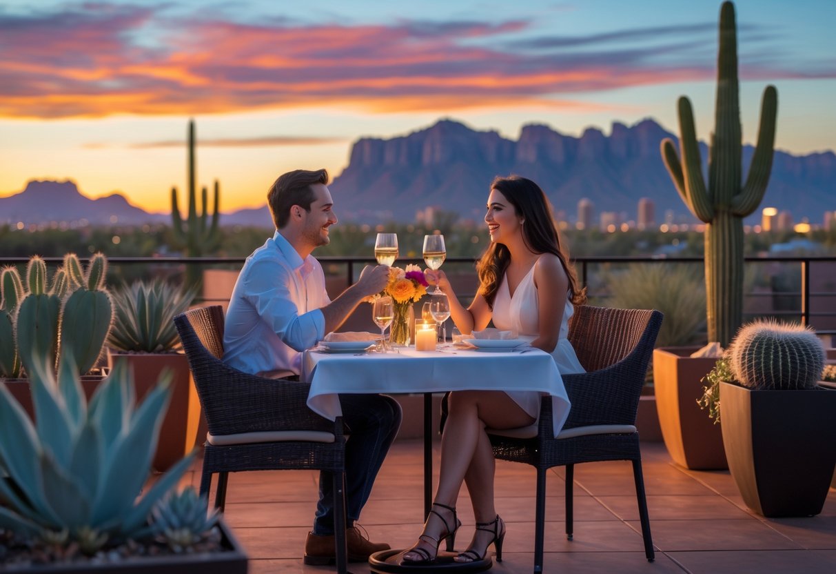 A young couple having a romantic dinner on a rooftop terrace at sunset with the Phoenix city skyline and desert mountains in the background.