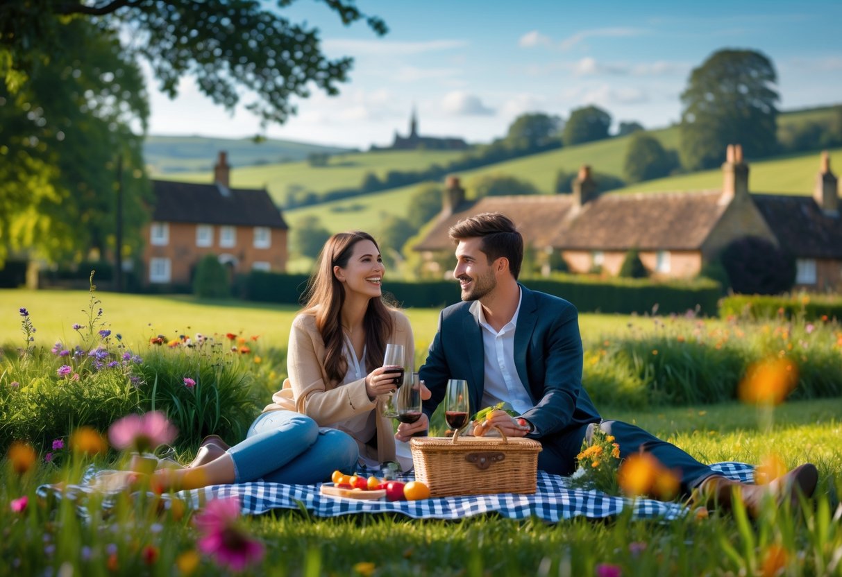 A young couple enjoying a picnic together in a green park with rolling hills and historic buildings in the background.