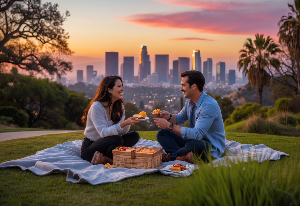 A young couple having a picnic at Griffith Observatory with the Los Angeles skyline and Hollywood sign in the background during sunset.