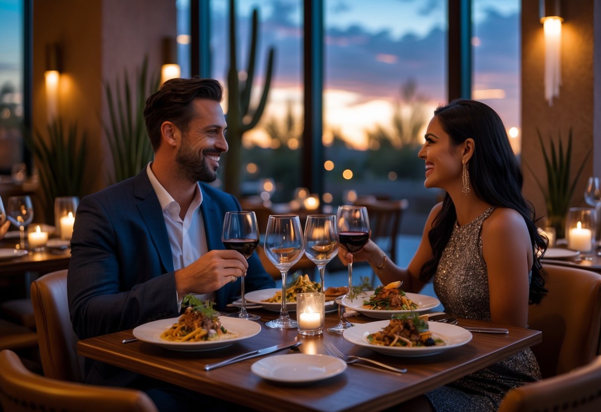 A couple enjoying a romantic dinner at a stylish restaurant with warm lighting and elegant table settings.