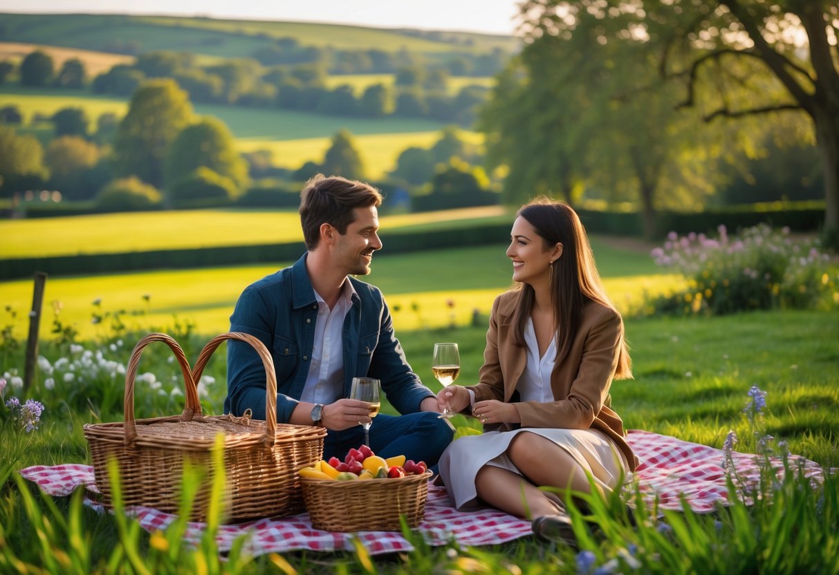 A young couple enjoying a picnic together in a green park with rolling hills and trees in the background.
