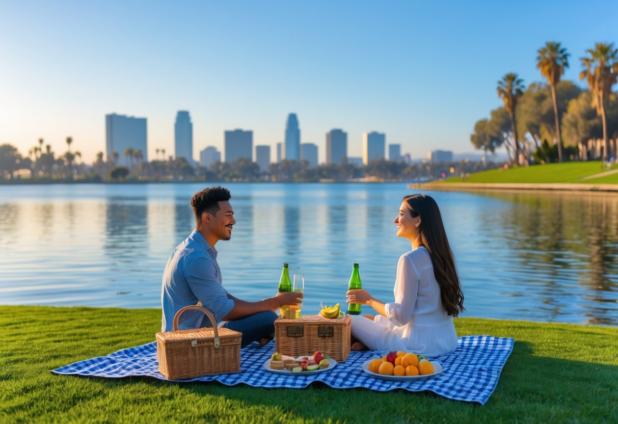 A young couple enjoying a picnic on a blanket by a lake with the Los Angeles skyline and palm trees in the background.