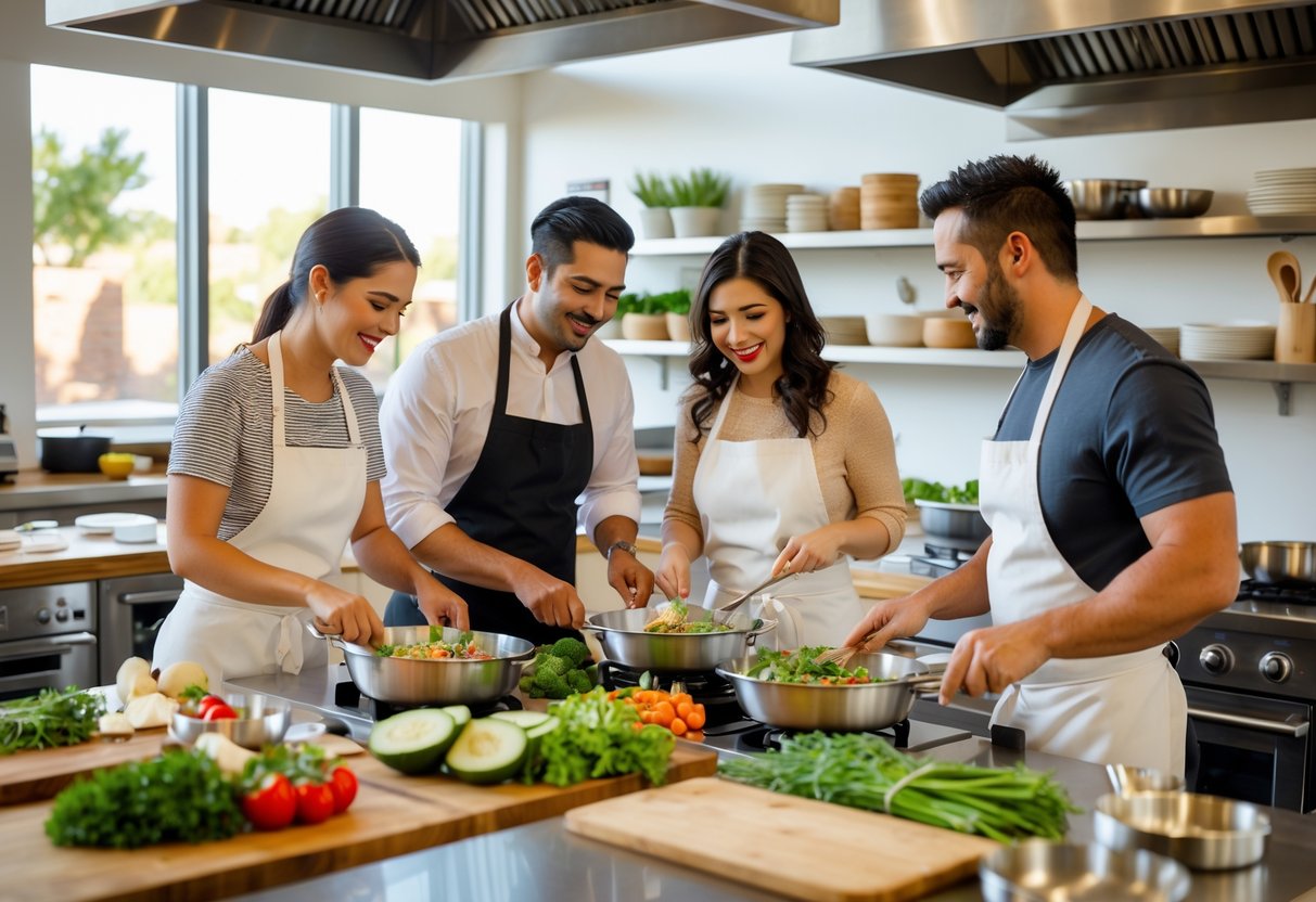 Couples cooking together in a bright kitchen classroom, preparing food and enjoying a cooking class.