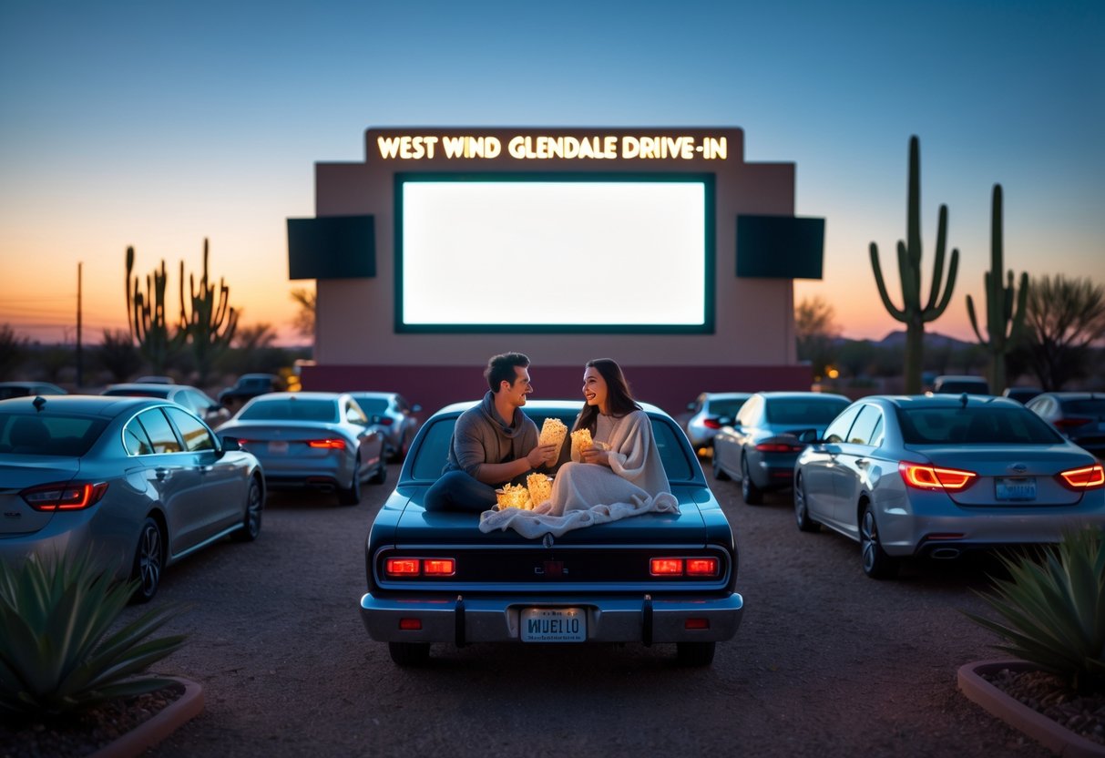 A couple sitting on a car hood at an outdoor drive-in movie theater during sunset, watching a movie on a large screen with other cars parked nearby.
