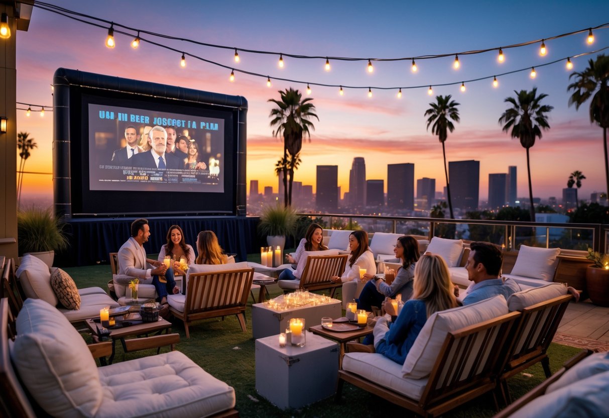 Couples watching a movie on a rooftop cinema with the Los Angeles skyline and palm trees in the background at sunset.