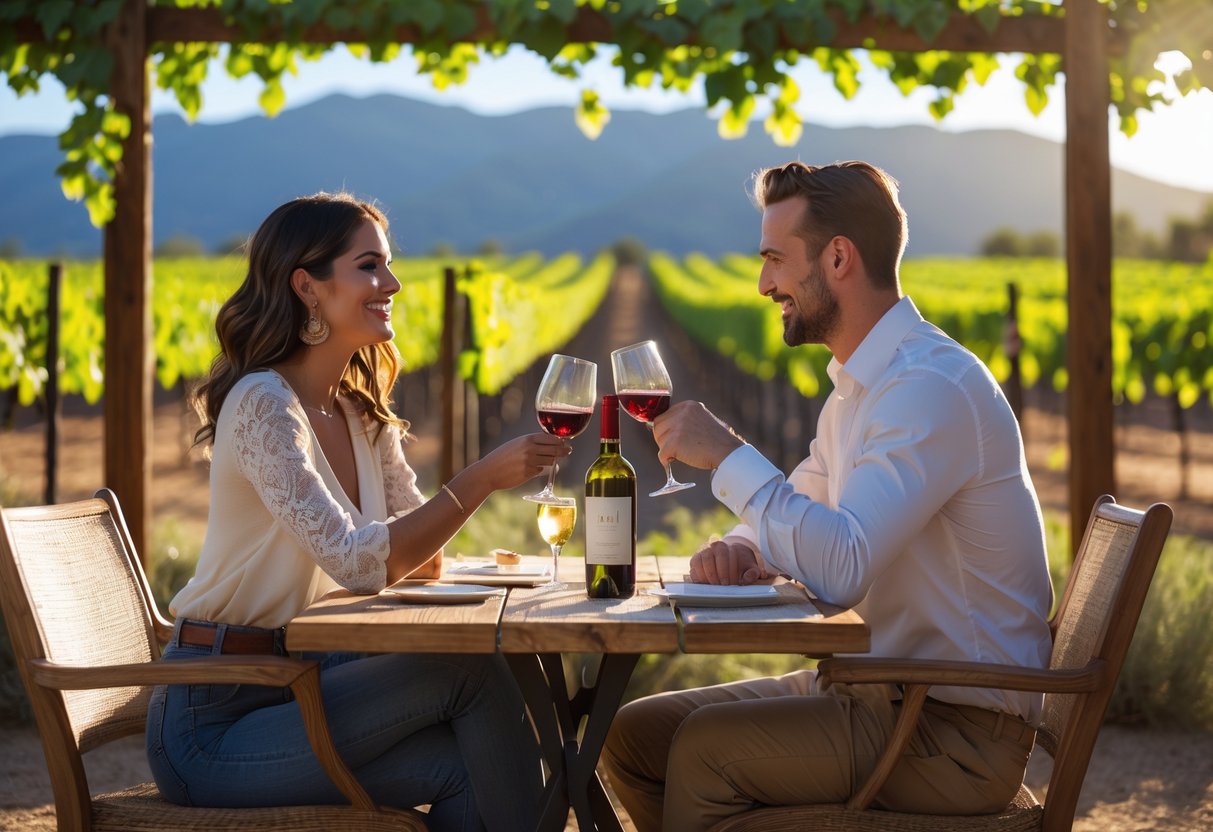 A couple enjoying wine tasting together outdoors at a vineyard with grapevines in the background.