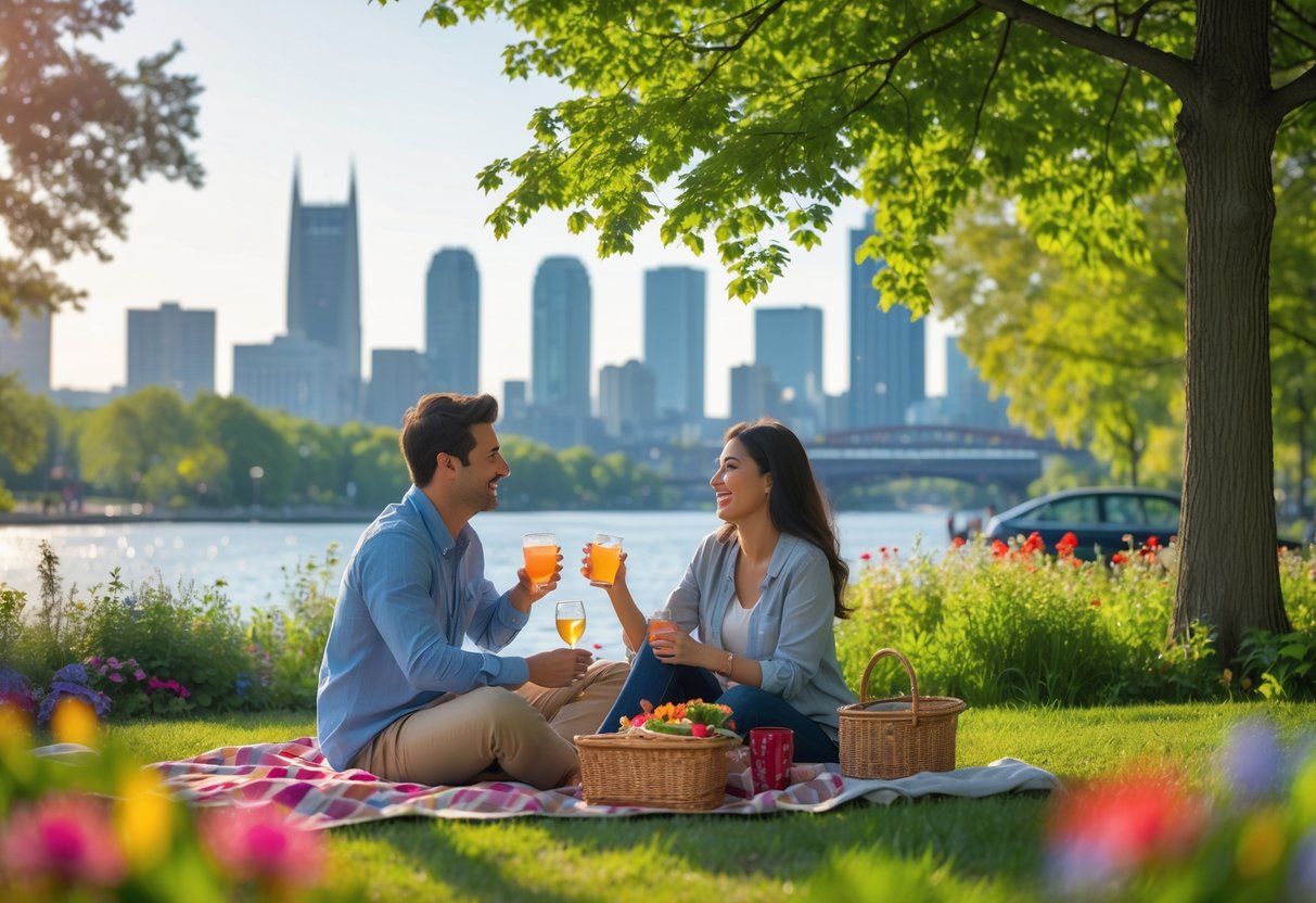 A couple enjoying a picnic in a green park with the Hamilton city skyline in the background on a sunny day.