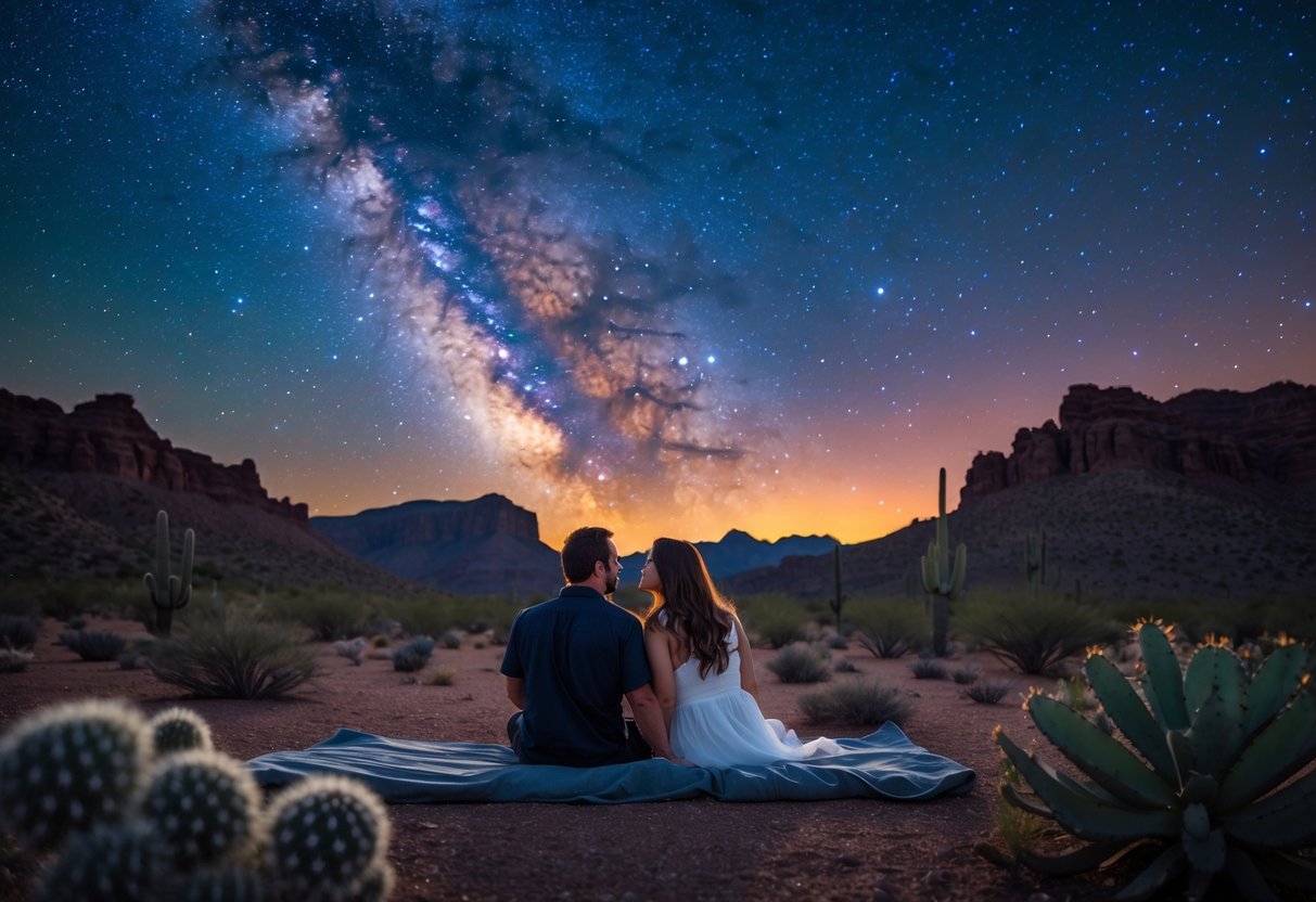 A couple sitting together outdoors at night on a rock, looking up at a star-filled sky with mountains in the background.