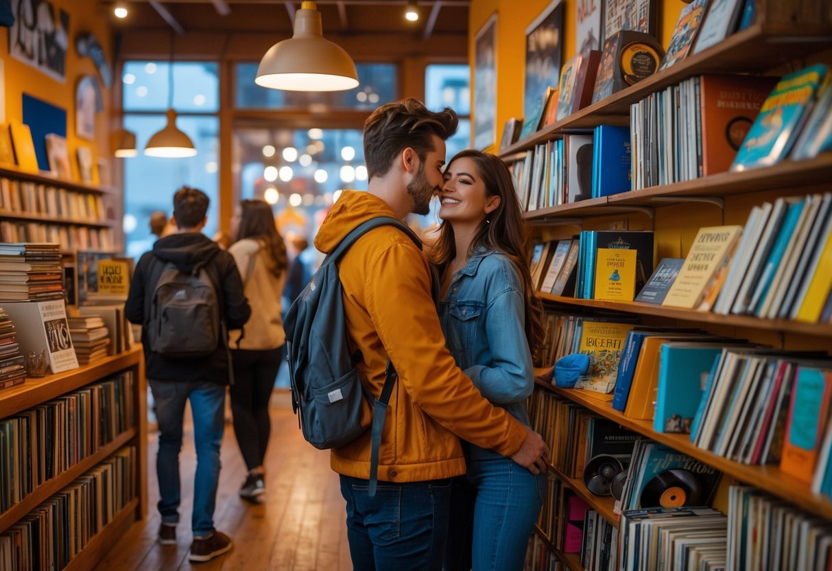 A young couple browsing books and vintage items inside a cozy bookstore with warm lighting and creative book displays.