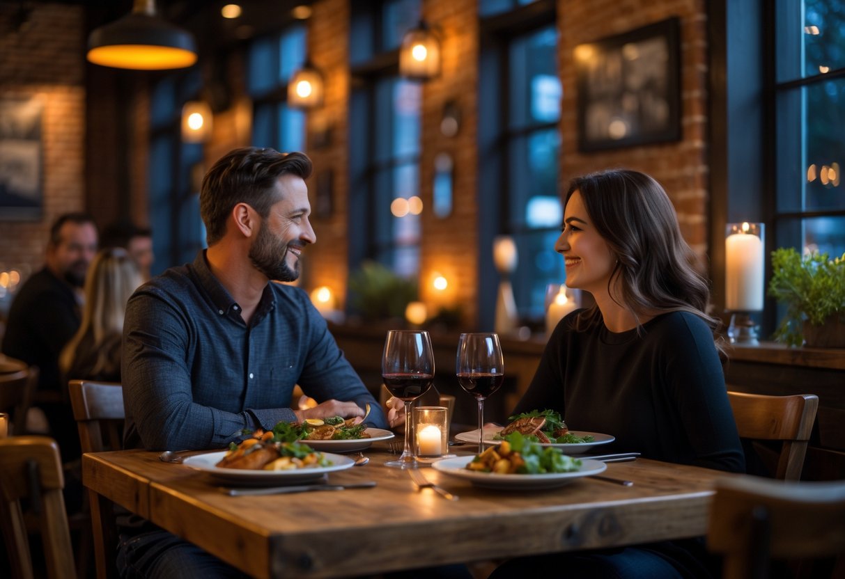 A couple enjoying a romantic dinner at a warmly lit restaurant with wooden tables and soft candlelight.