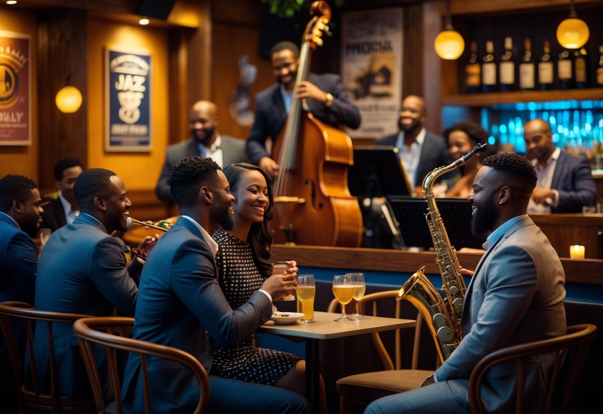 A couple enjoying live jazz music at a cozy club with a band performing on stage and other patrons seated nearby.