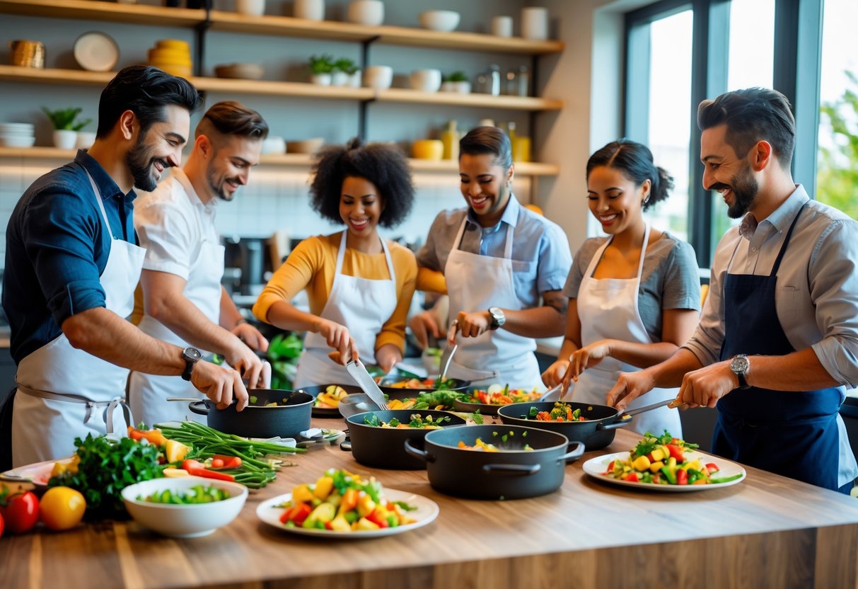 Couples cooking together in a bright kitchen studio, preparing food and enjoying the activity.