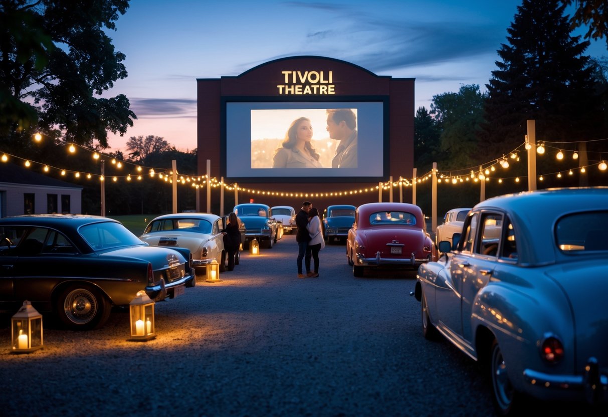Couples enjoying a drive-in movie at dusk with cars parked facing a large outdoor screen and soft lights around.