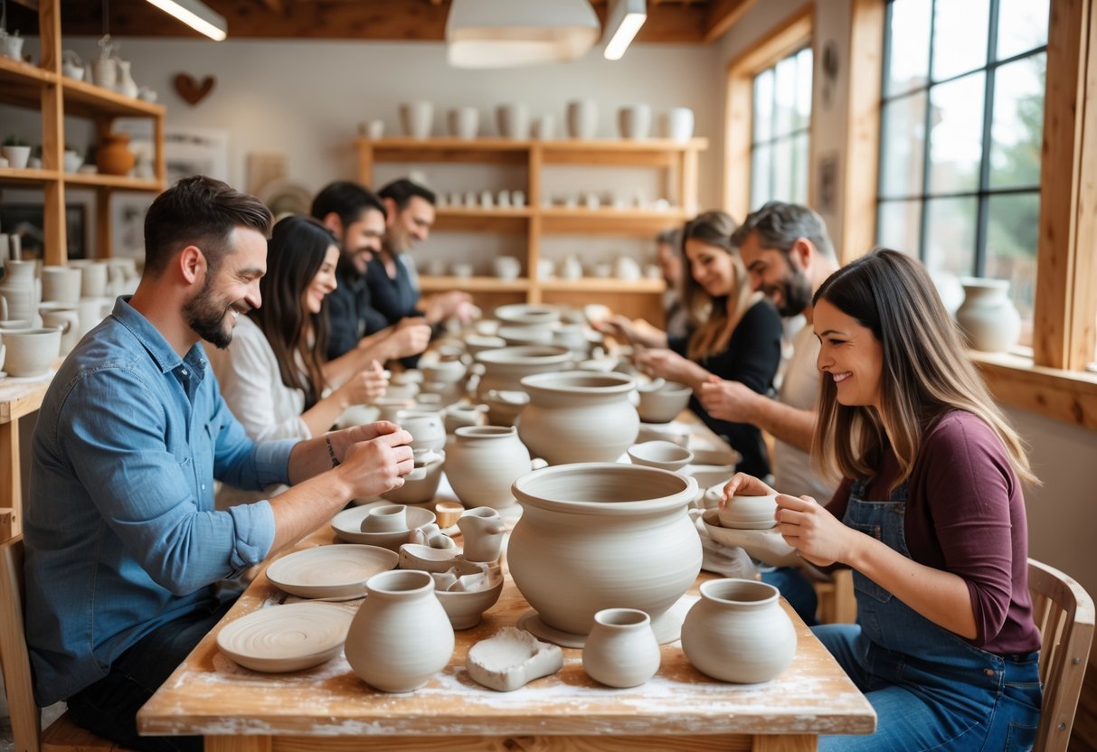 Couples making pottery together in a bright workshop with clay and tools on tables.