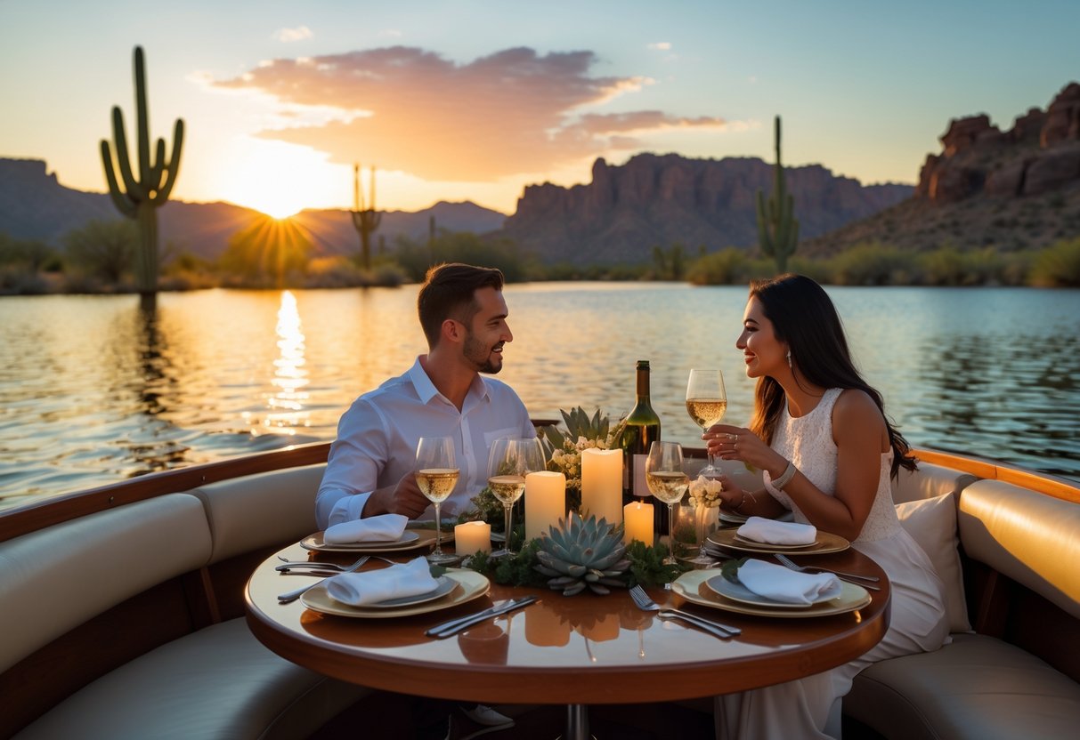 A couple dining on a boat at sunset on Saguaro Lake with desert mountains and saguaro cacti in the background.