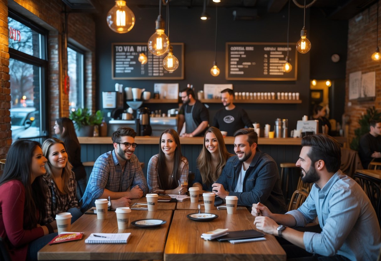 People enjoying trivia night at a cozy coffeehouse with warm lighting and wooden tables.